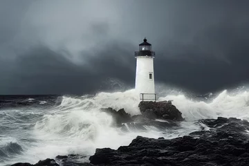 Fototapeten Leuchtturm am Meer, stürmischer Himmel, tosende Wellen © Mikiehl Design
