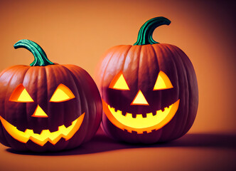 Two Pumpkins for a successful happy Halloween, Jack-o'-lantern with eyes and mouth light, horror and scary scene, 3D render