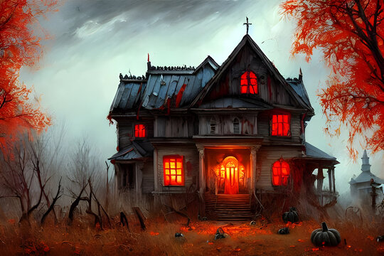 haunted house / spook house / ghost house / halloween house with red glowing windows in autumn with trees in background - digtal painting - illustration