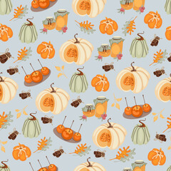 Autumn hand drawn seamless pattern with seasonal elements on blue background. Great for fabric, wallpaper, textile, packaging. Vector illustration.