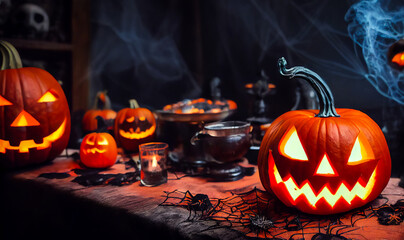 Naklejka premium Beautiful witch table with Halloween pumpkins and evil and demonic objects for a good happy Halloween, 3D rendering