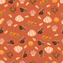 Autumn hand drawn seamless pattern with seasonal elements on brown background. Great for fabric, wallpaper, textile, packaging. Vector illustration.