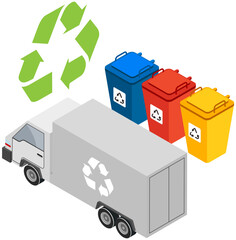 Truck lorry icon with recycle sign. Car for garbage removal. Wagon with trailer for transporting and garbage bins. Vehicle for transpportation and shipping. Delivery of sweepings by transport