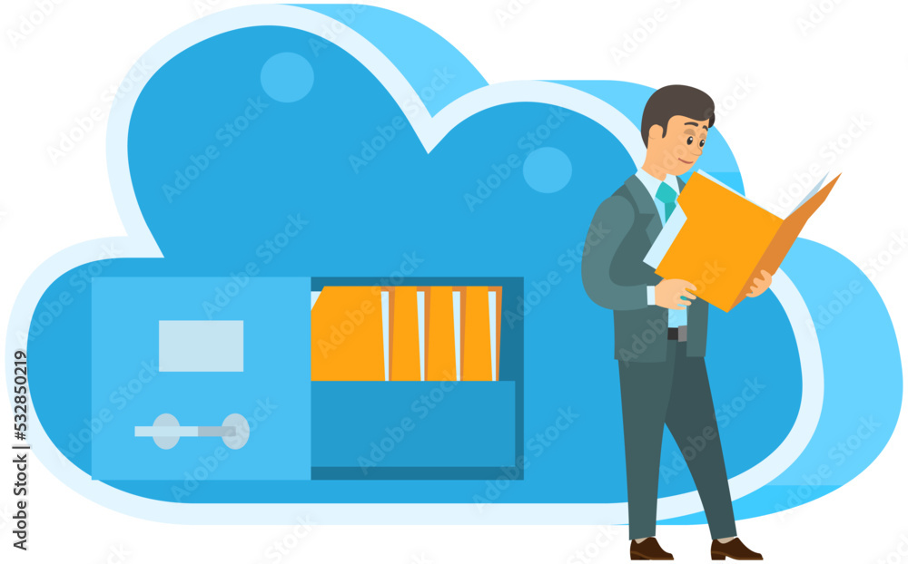 Poster cloud storage technology concept. people stacking folders with information to online storage cell is