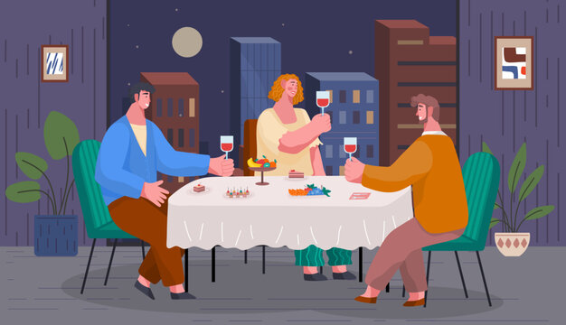 People sitting at table in restaurant have fun talking. Friends meeting, man woman drinking cocktails wine. Boy and girl in bar or cafe together, evening or birthday party evening time, friendship