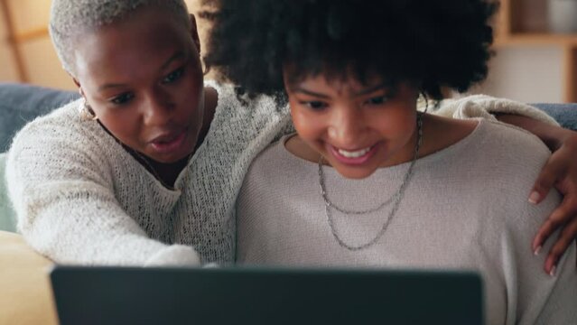Congratulations hug, happy email and friends excited about achievement, reading good news on computer and celebrate job search success in home. African women with smile and support on laptop