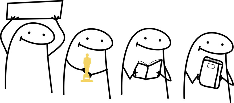 Meme internet. Flork: Man lifting a sign. Holding a trophy. Reading a book. Vector stkech. Comic drawing.