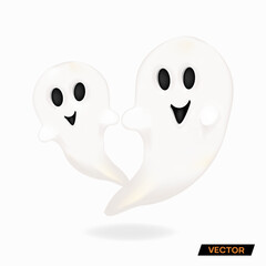 Two funny cute ghosts for Halloween. White ghosts. 3d vector illustration in high quality