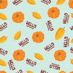 Autumn hand drawn seamless pattern with seasonal elements on blue background. Great for fabric, wallpaper, textile, packaging. Vector illustration.