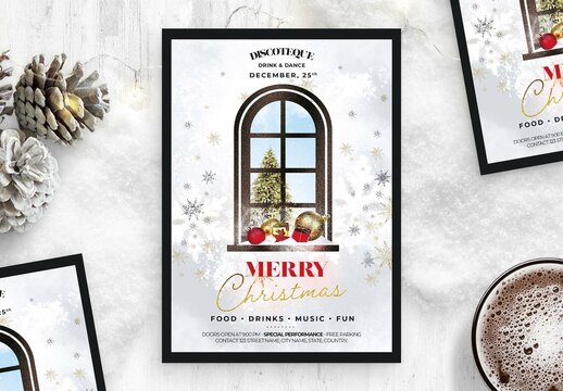 Christmas Flyer with Snowy Window Scene