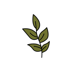 Green twig with leaves doodle. Element of autumn aesthetics. Black outline on a white background. Hand drawn line art, cute vector illustration.