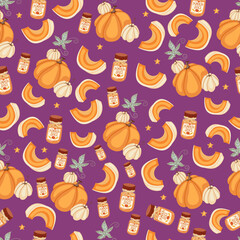 Autumn hand drawn seamless pattern with seasonal elements on violet background. Great for fabric, wallpaper, textile, packaging. Vector illustration.