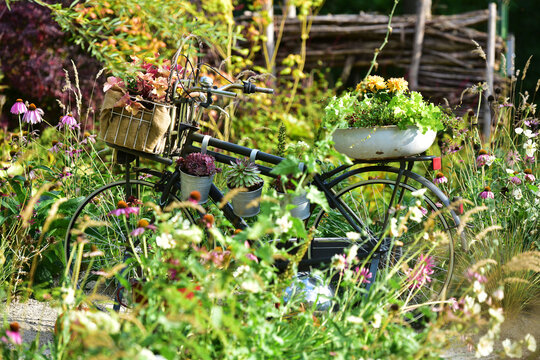 A bicycle decorated with flowers