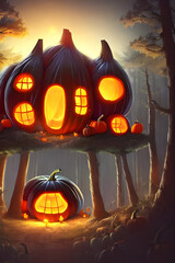 a giant pumpkin cabin in the middle of a forest at night - digital painting - illustration 