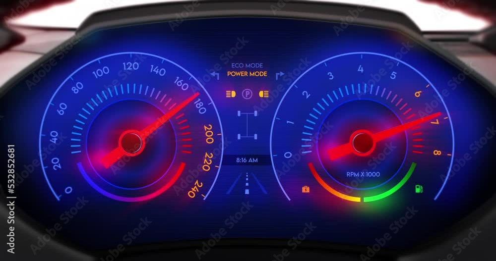 Poster Ultimate Racing Car Dashboard. Pilot Pushing The Limits Of V8 Engine In Flames. Tachometer Showing Extreme Performance. Technology And Industry Related 3D Animation.
