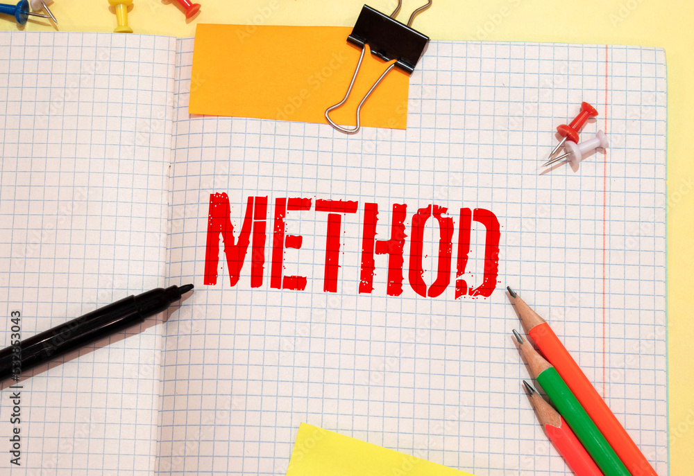 Aufkleber the notebook with the text method lies on the financial tables with a calculator a magnifying glass