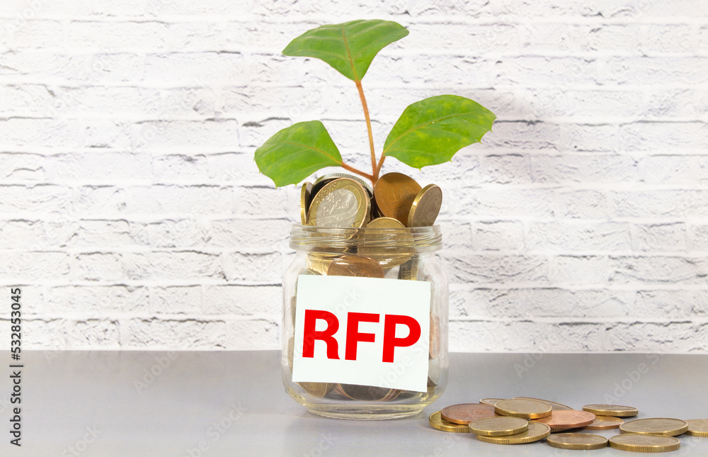 Aufkleber rfp- request for proposal word written on a notebook with block magnifier and pen , business concept