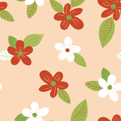 Seamless floral pattern based on traditional folk art ornaments. Art flowers on color background. Scandinavian style. Sweden nordic style. Vector illustration. Simple minimalistic pattern