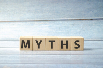 Wooden Blocks with the text myths and wooden background