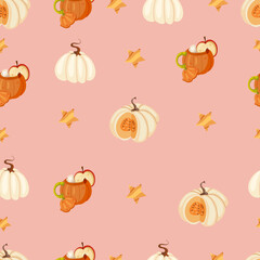 Autumn hand drawn seamless pattern with seasonal elements on pink background. Great for fabric, wallpaper, textile, packaging. Vector illustration.