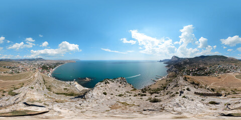 HDRI seamless spherical 360 degree aerial panorama over the Genoese fortress. View of the city beaches of Sudak Crimea. Virtual reality content VR AR