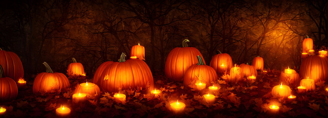 Jack O Lanterns - Halloween Background. Banner size. 3d