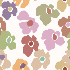 Seamless floral pattern with roses based on traditional folk art ornaments. Colorful flowers on white background. Doodle style. Vector illustration. Minimalistic pattern. Design for fabric, textile. 