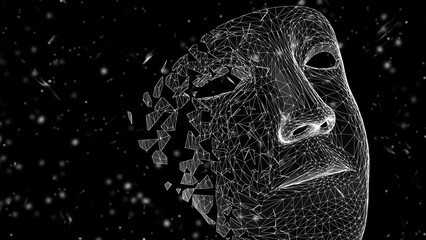 Three-dimensional mask isolated on black abstract background. 3D illustration. - obrazy, fototapety, plakaty