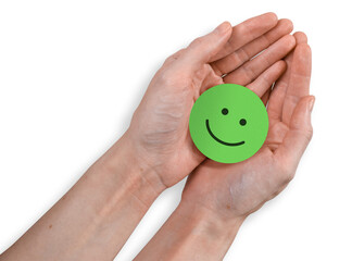 Positive Green Smiley Concept - Successful Paper Smiley Face in Hands Isolated from Background