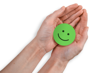 Positive Green Smiley Concept - Successful Paper Smiley Face in Hands Isolated from Background