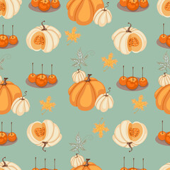 Autumn hand drawn seamless pattern with seasonal elements on green background. Great for fabric, wallpaper, textile, packaging. Vector illustration.