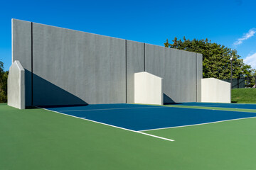 Fototapeta na wymiar Example of an outside American Handball courts with concrete wall, located at a park or school. 