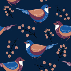 Seamless pattern with funny colorful birds, flowers, leaves and berries. Color flat vector illustration with little cartoon bird. Cute characters. Design for invitation, poster, card, textile, fabric