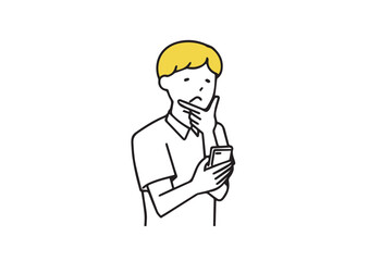スマホを見ながら考えている男性　シンプルな線の人物イラスト