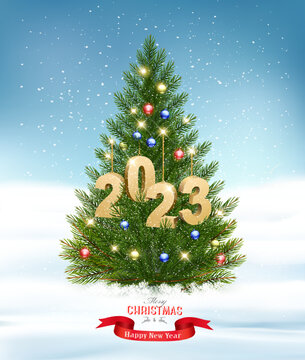 Holiday background with Christmas tree with garland and a gold 2023. Vector.