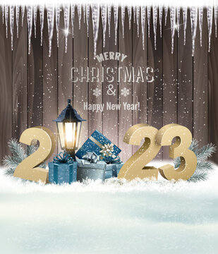 Merry Christmas and Happy New Year Holiday background with gift boxes and 2023. Vector.