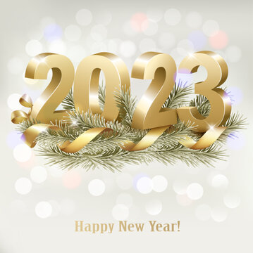 Merry Christmas and Happy New Year 2023. Golden 3D numbers with gold ribbon and branch of christmas tree. Vector