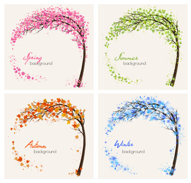 Nature Four stylized trees representing different seasons spring, summer, autumn, winter. Vector.
