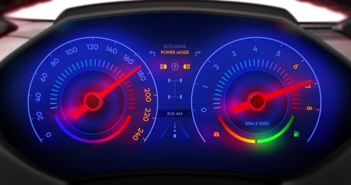 High Speed Racing Car Dashboard. Pilot Pushing The Limits Of Powerful V8 Engine. Tachometer Showing Extreme Performance. Technology And Industry Related 3D Animation.
