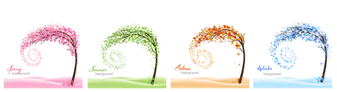 Nature Four stylized trees representing different seasons spring, summer, autumn, winter. Vector.