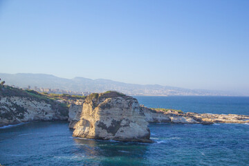 Fototapeta na wymiar Beautiful view of the Pigeon Rocks on the promenade in the center of Beirut, Lebanon