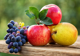 Autumn fruit still life, red apple, and yellow purple grapes on old wooden table.