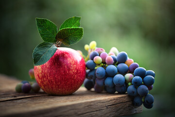 Autumn fruit still life, red apple, and yellow purple grapes on old wooden table.