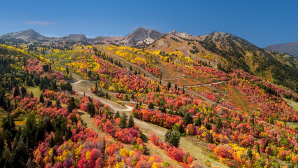Snow basin landscape in Utah. Brilliant fall foliage around Mt Ogden peaks.