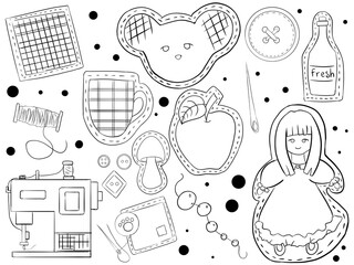 The set with sewing patches, black and white illustration in cartoon style