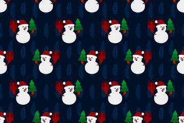 Christmas seamless pattern design. Santa, Christmas tree, snowflakes, Christmas leaves, berries, snowman, gift, wallpaper background 