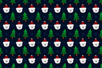 Christmas seamless pattern design. Santa, Christmas tree, snowflakes, Christmas leaves, berries, snowman, gift, wallpaper background 