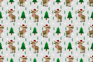 Christmas seamless pattern design. Santa, Christmas tree, snowflakes, Christmas leaves, berries, snowman, gift, wallpaper background 