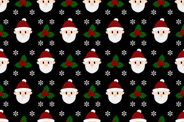 Christmas seamless pattern design. Santa, Christmas tree, snowflakes, Christmas leaves, berries, snowman, gift, wallpaper background 