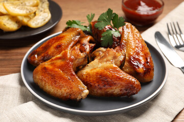 Delicious fried chicken wings served on wooden table